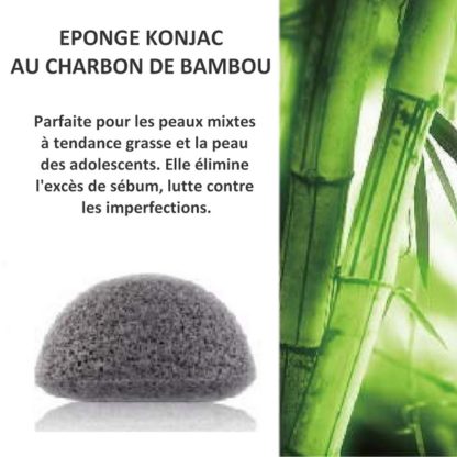 Eponge konjac au charbon de bambou biodégradable. Sans additifs ni colorants. Exfolie et équilibre le PH de la peau. Peaux grasse et acnéique