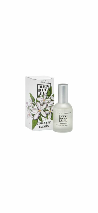 Flacon en verre de 50ml de l'Eau de Toilette au Jasmin de Benditaluz, accompagné de son élégant emballage de présentation. Parfait pour capturer l'essence florale et apaisante du jasmin de Séville.