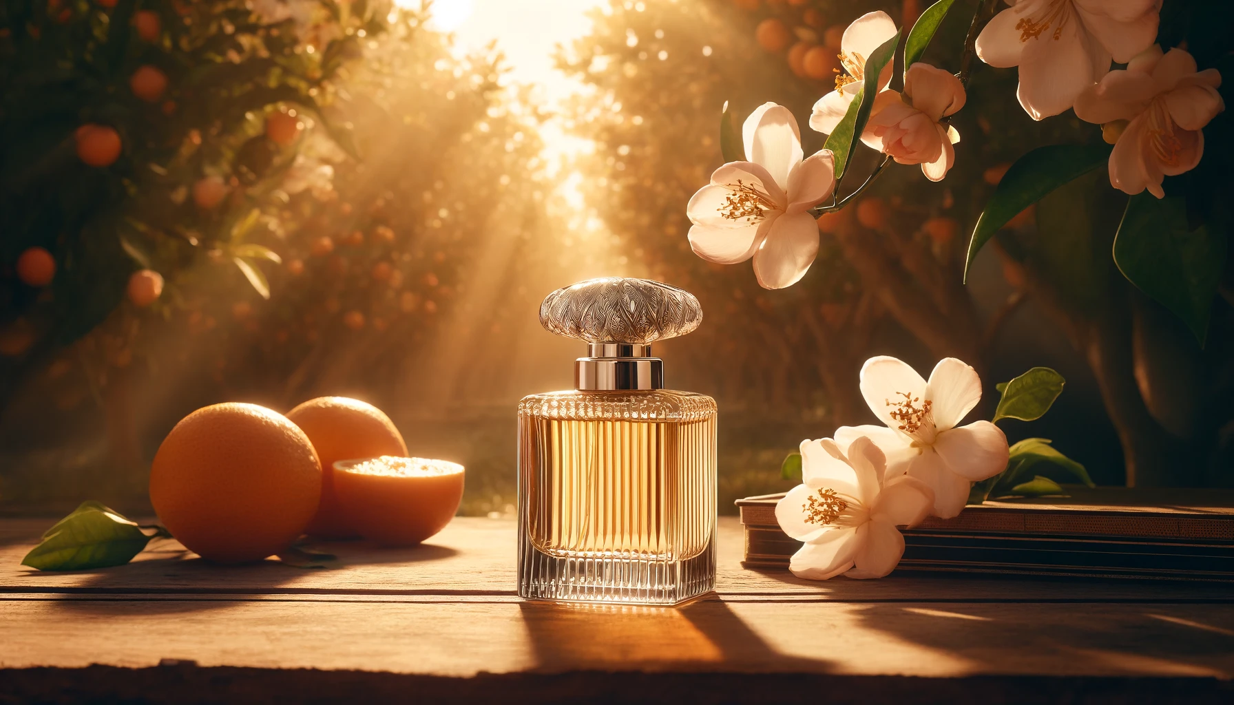Orangeraie andalouse baignée de soleil avec des fleurs d'oranger en pleine floraison. Une bouteille élégante de parfum Benditaluz est posée sur une table en bois rustique au premier plan, capturant l'essence naturelle et artisanale du parfum. Image utilisée sur le site Manohi.com.