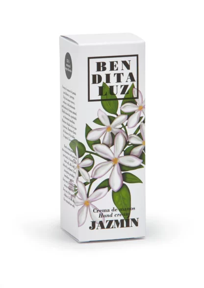 Emballage de la crème pour les mains au jasmin Benditaluz, 50 ml, avec illustration de fleurs de jasmin stylisées. Soin hydratant et parfum naturel.