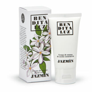 Crème pour les mains au jasmin Benditaluz, 50 ml, avec emballage illustré de fleurs de jasmin stylisées. Hydratation naturelle et parfum délicat.