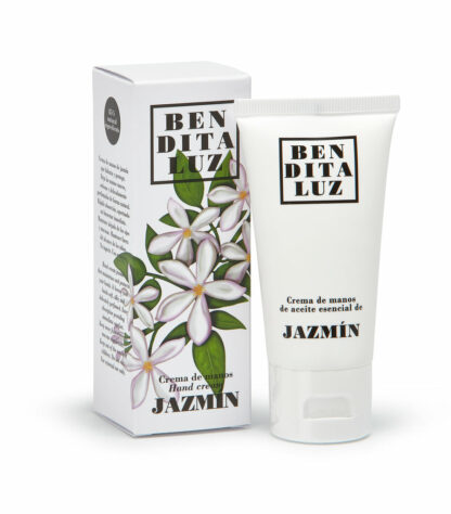 Crème pour les mains au jasmin Benditaluz, 50 ml, avec emballage illustré de fleurs de jasmin stylisées. Hydratation naturelle et parfum délicat.