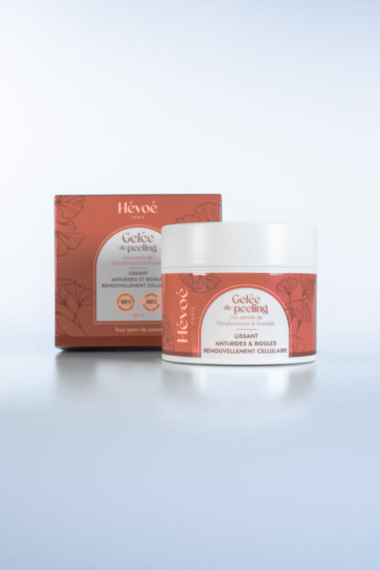 Packaging carton de la Gelée de Peeling Hévoé, Cosmétique bio lissant et vegan