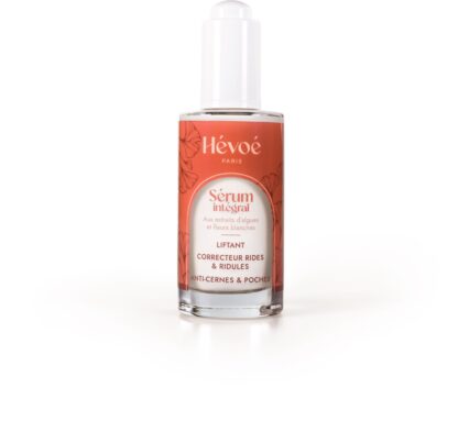 Flacon élégant du Sérum intégral Hévoé. Soin liftant naturel pour le visage et le contour des yeux, correcteur de rides, ridules, cernes et poches.